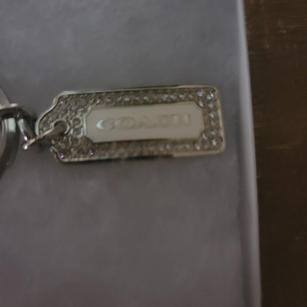 Coach Silver Rectangular Logo Key Ring with Rhinestone Border - Picture 11 of 15